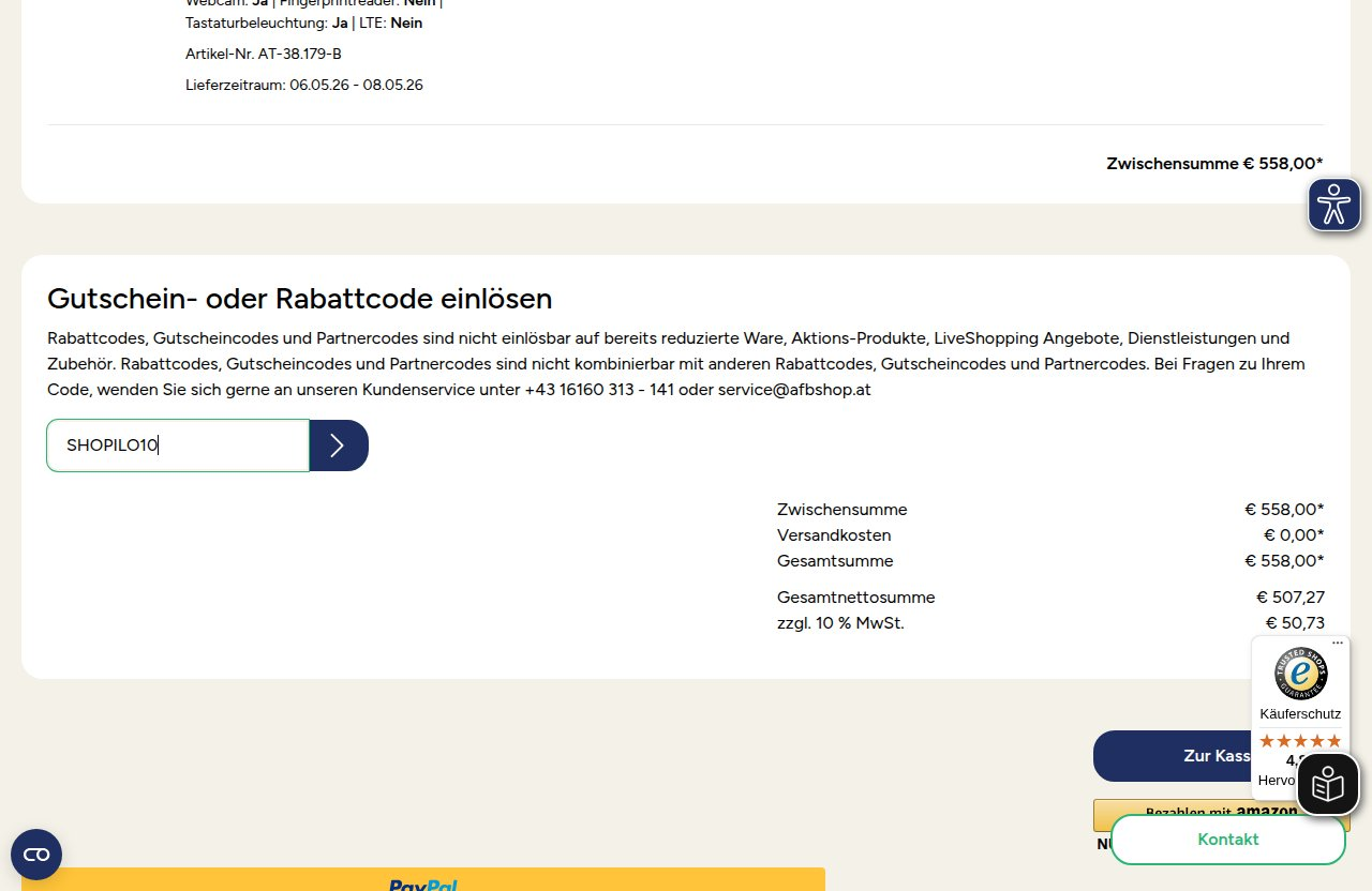 Wo man den Rabattcode auf der AfB Shop-Website eingibt