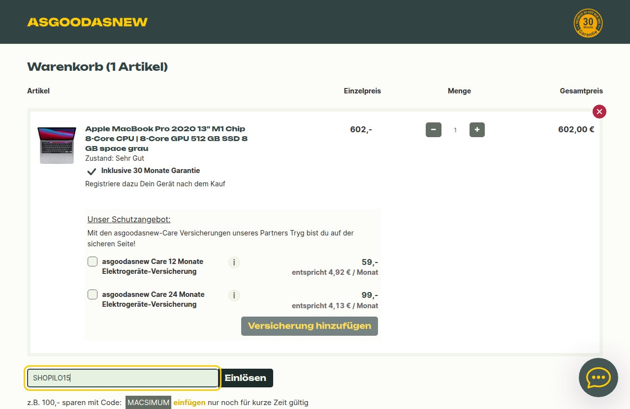 Wo man den Rabattcode auf der Asgoodasnew-Website eingibt
