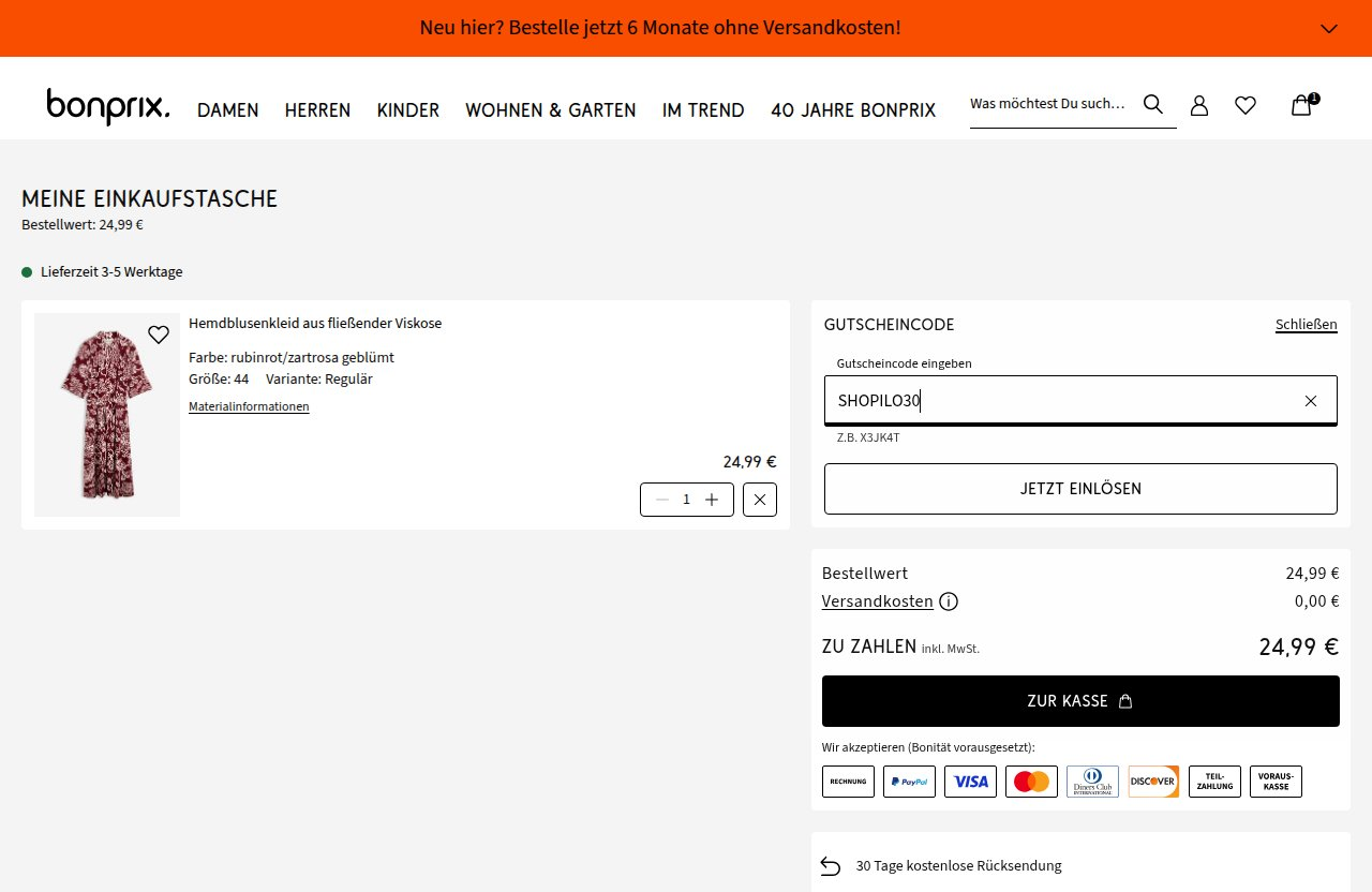 Wo man den Rabattcode auf der bonprix-Website eingibt