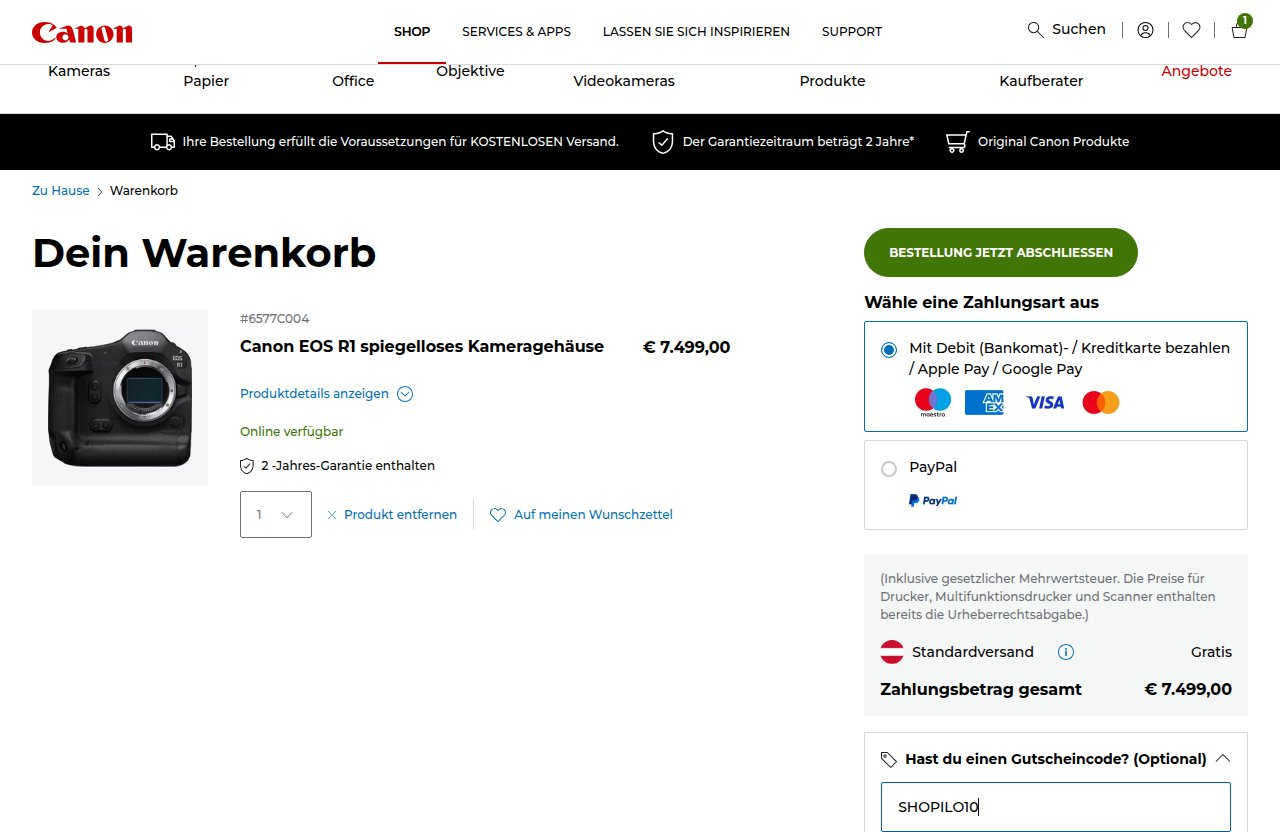 Wo man den Rabattcode auf der Canon-Website eingibt