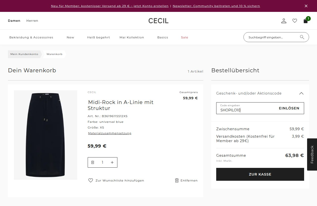 Wo man den Rabattcode auf der Cecil-Website eingibt