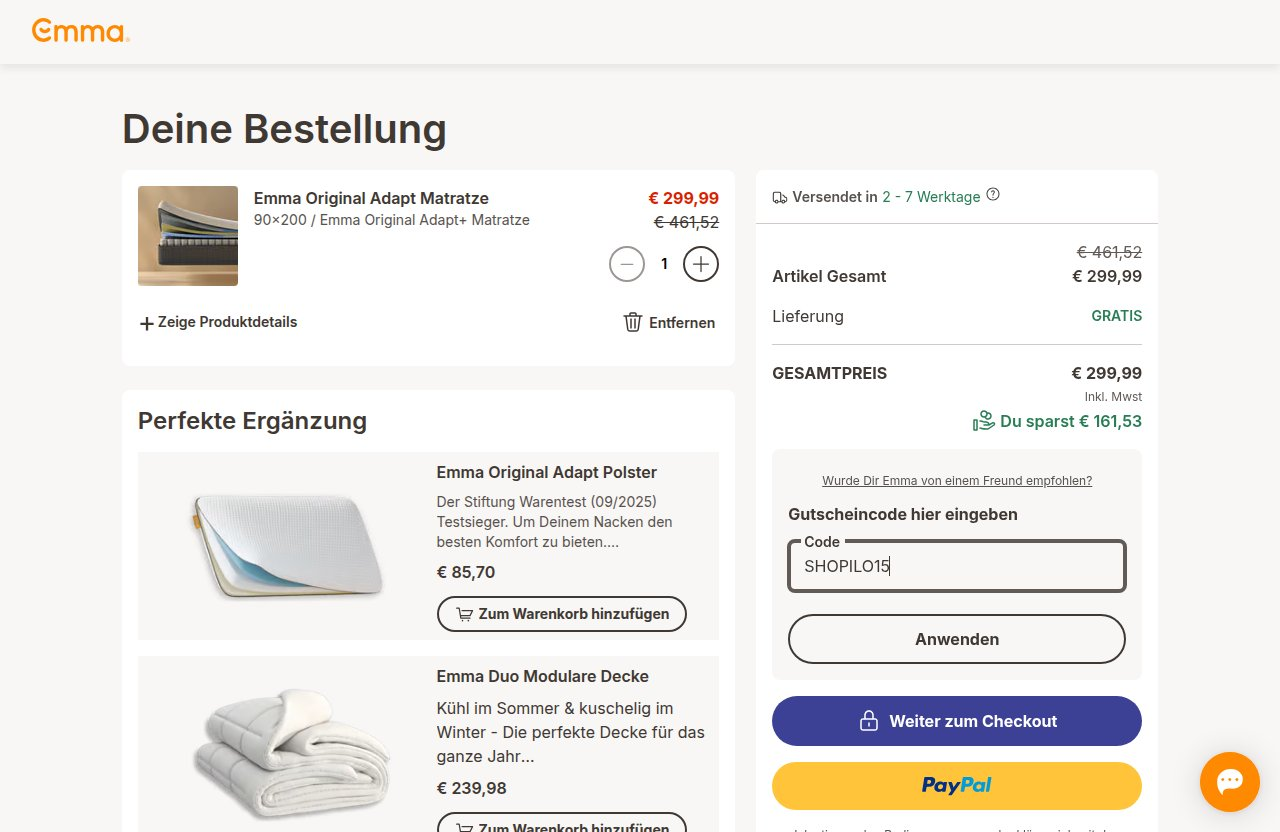 Wo man den Rabattcode auf der Emma Matratze-Website eingibt