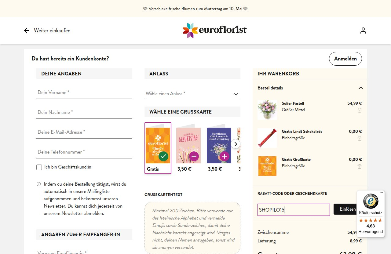 Wo man den Rabattcode auf der Euroflorist-Website eingibt