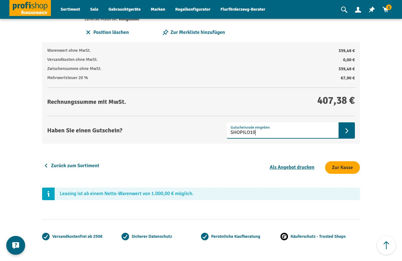 Wo man den Rabattcode auf der Jungheinrich PROFISHOP-Website eingibt
