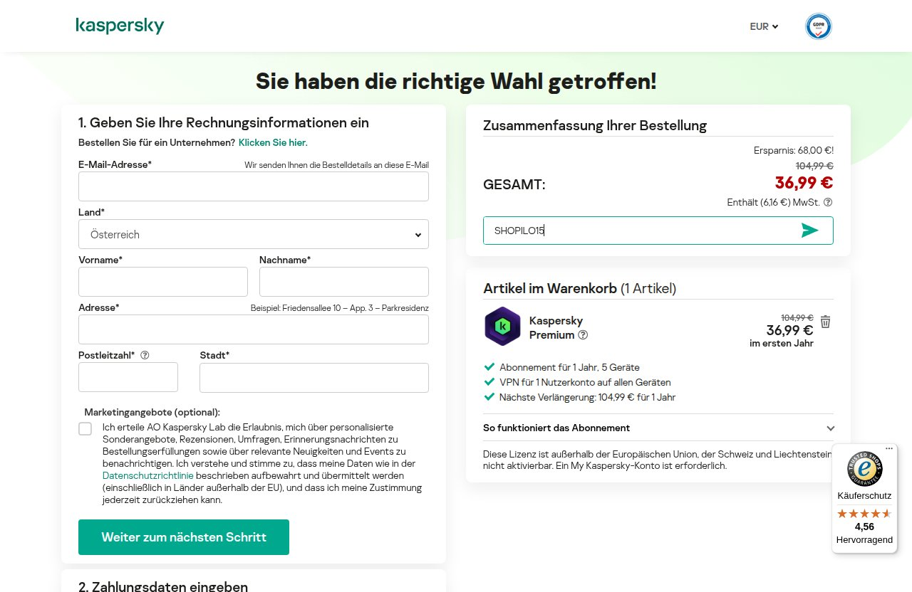 Wo man den Rabattcode auf der Kaspersky-Website eingibt