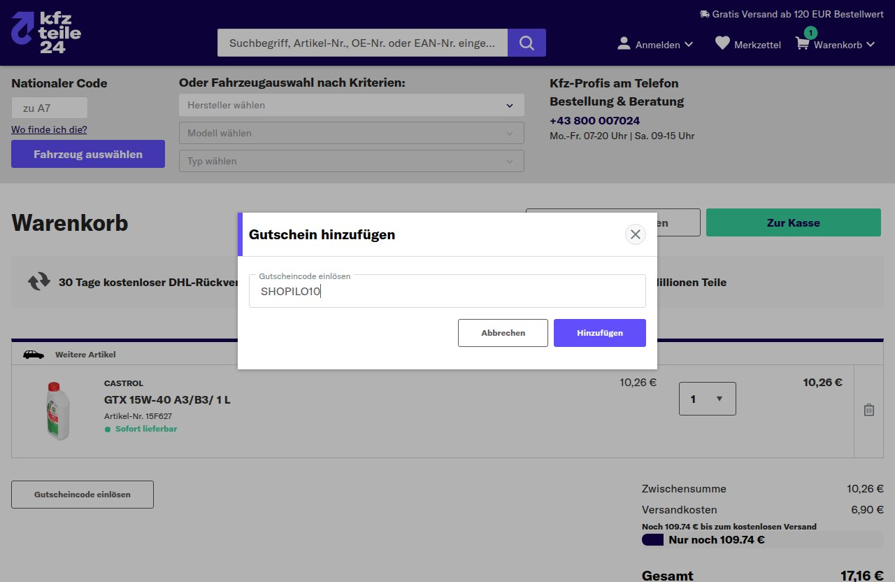 Wo man den Rabattcode auf der Kfzteile24-Website eingibt