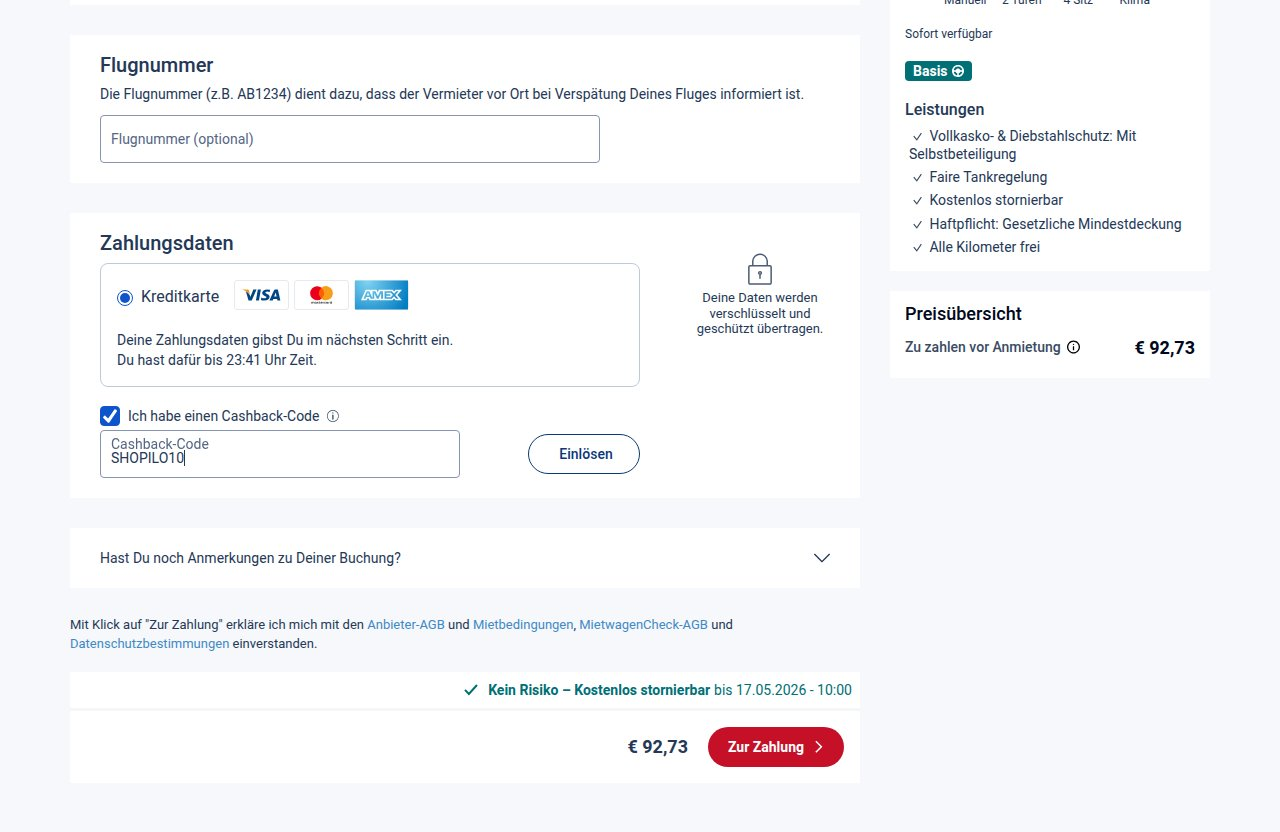 Wo man den Rabattcode auf der MietwagenCheck-Website eingibt