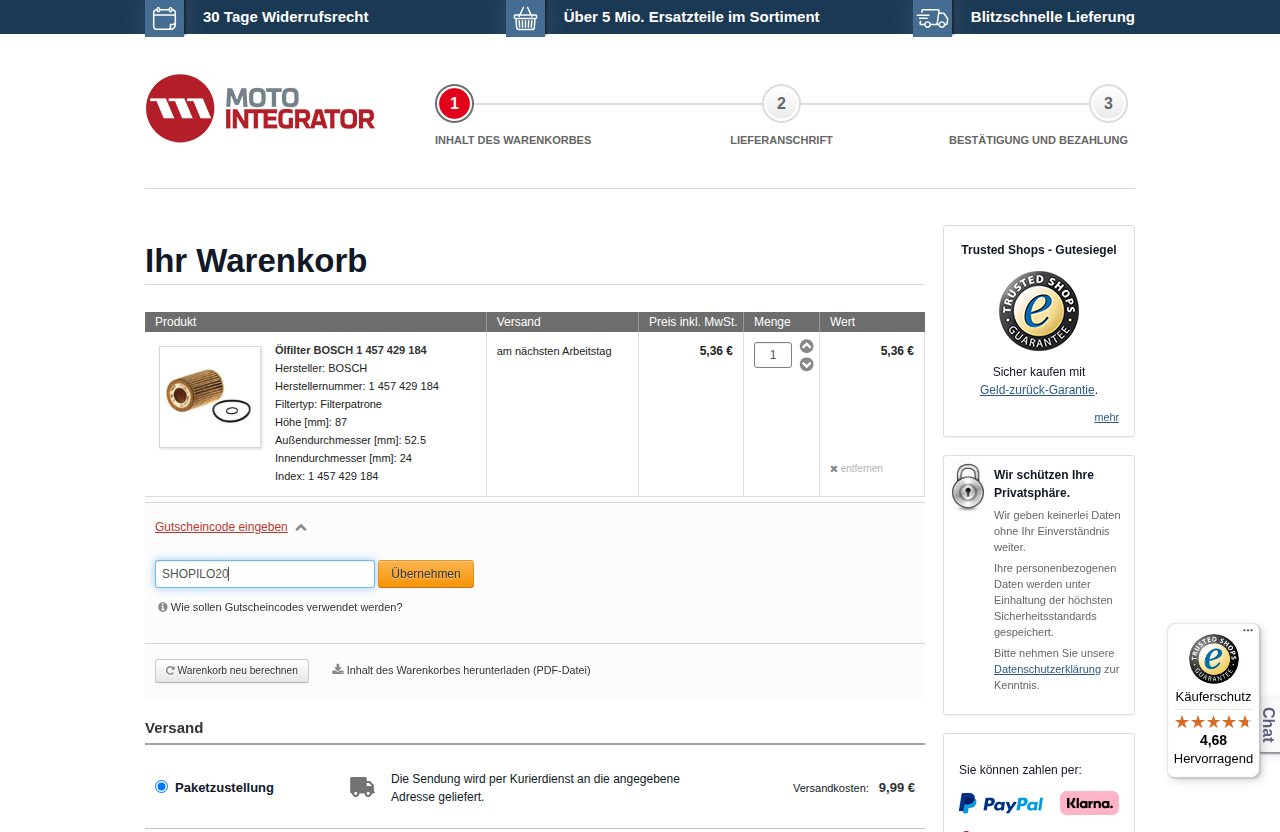 Wo man den Rabattcode auf der Motointegrator-Website eingibt