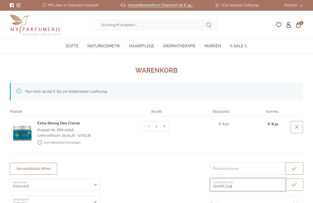 Wo man den Rabattcode auf der MyParfumerie-Website eingibt