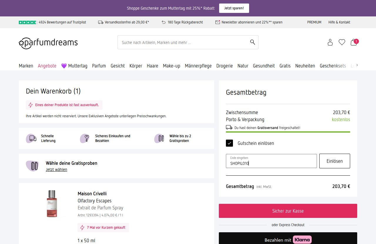 Wo man den Rabattcode auf der Parfumdreams-Website eingibt