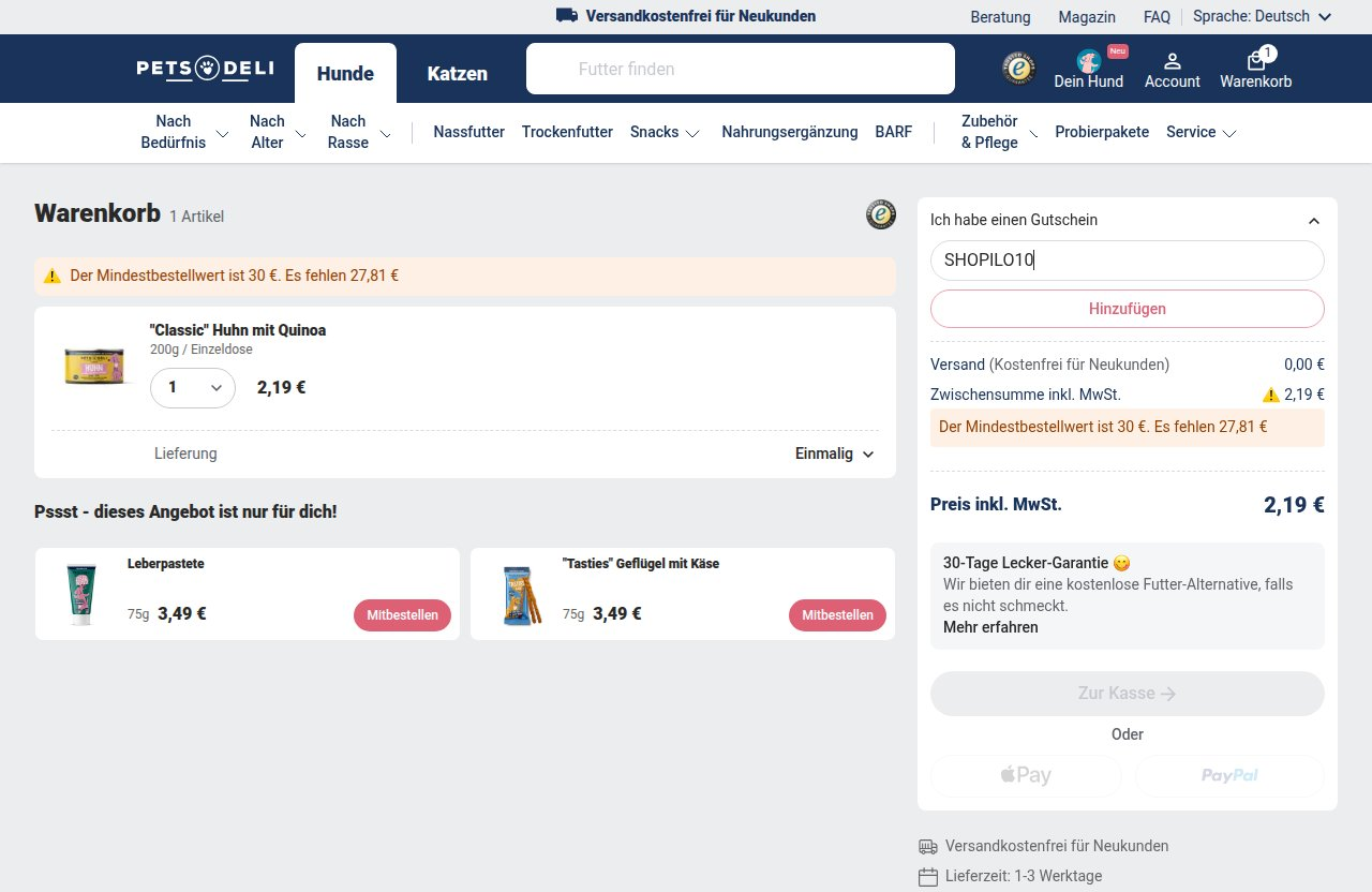 Wo man den Rabattcode auf der Pets Deli-Website eingibt