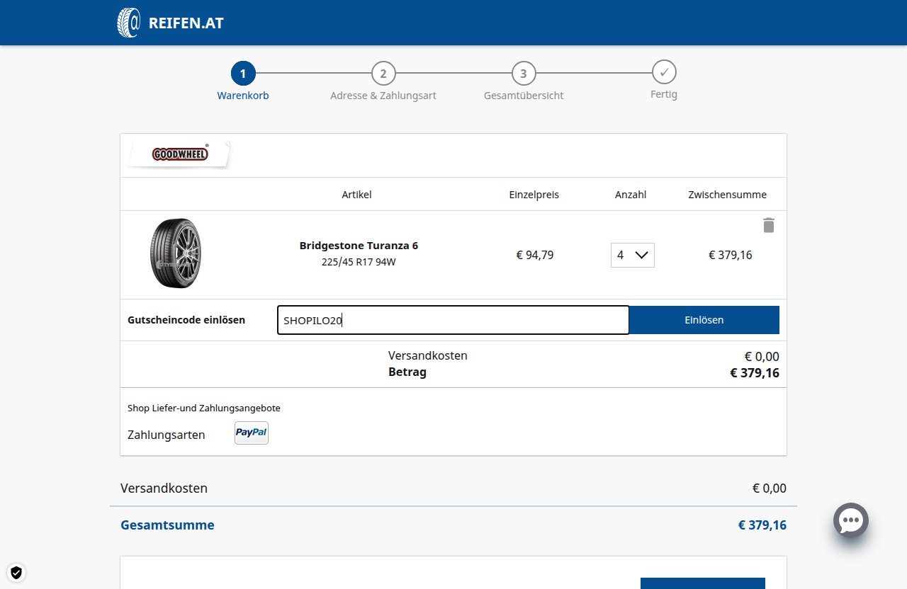 Wo man den Rabattcode auf der Reifen.at-Website eingibt