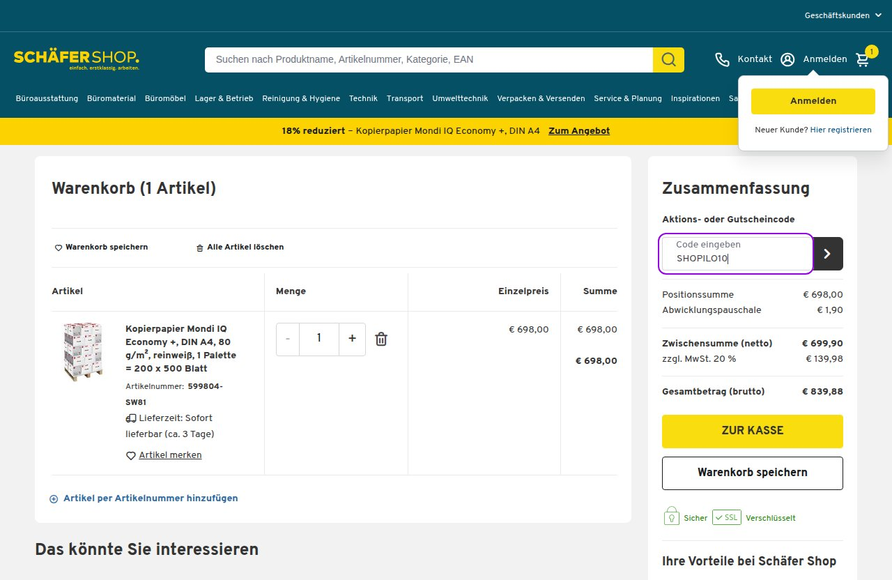 Wo man den Rabattcode auf der Schäfer Shop-Website eingibt