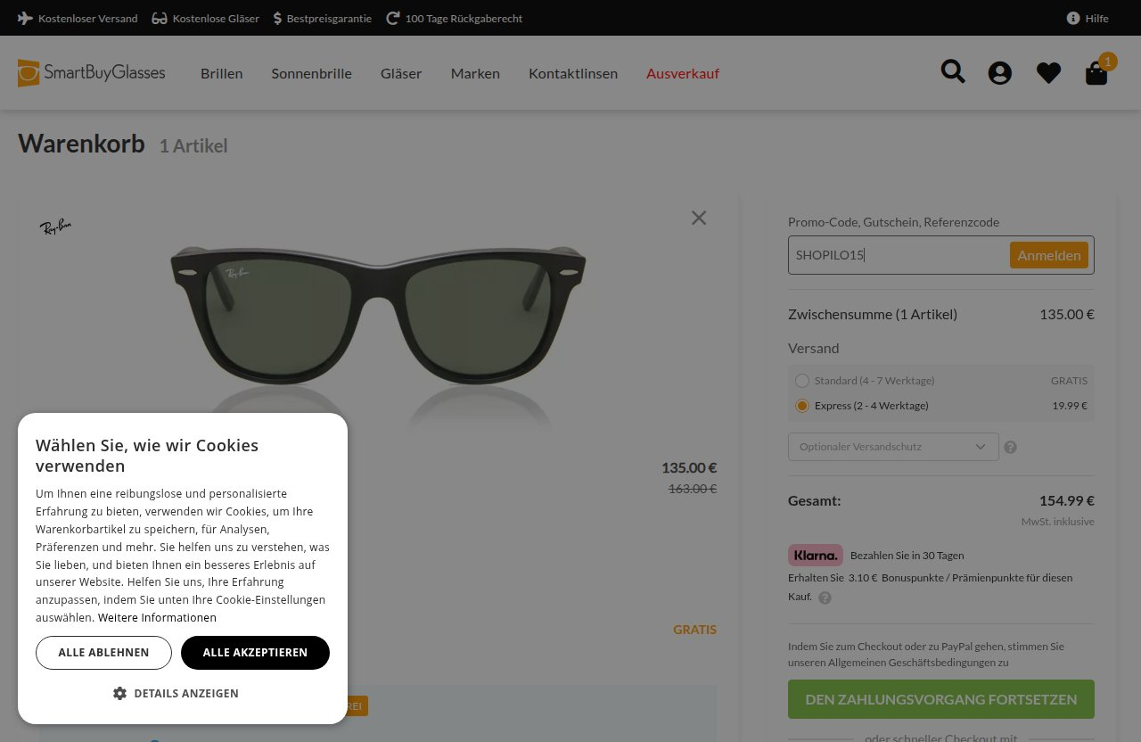 Wo man den Rabattcode auf der SmartBuyGlasses-Website eingibt