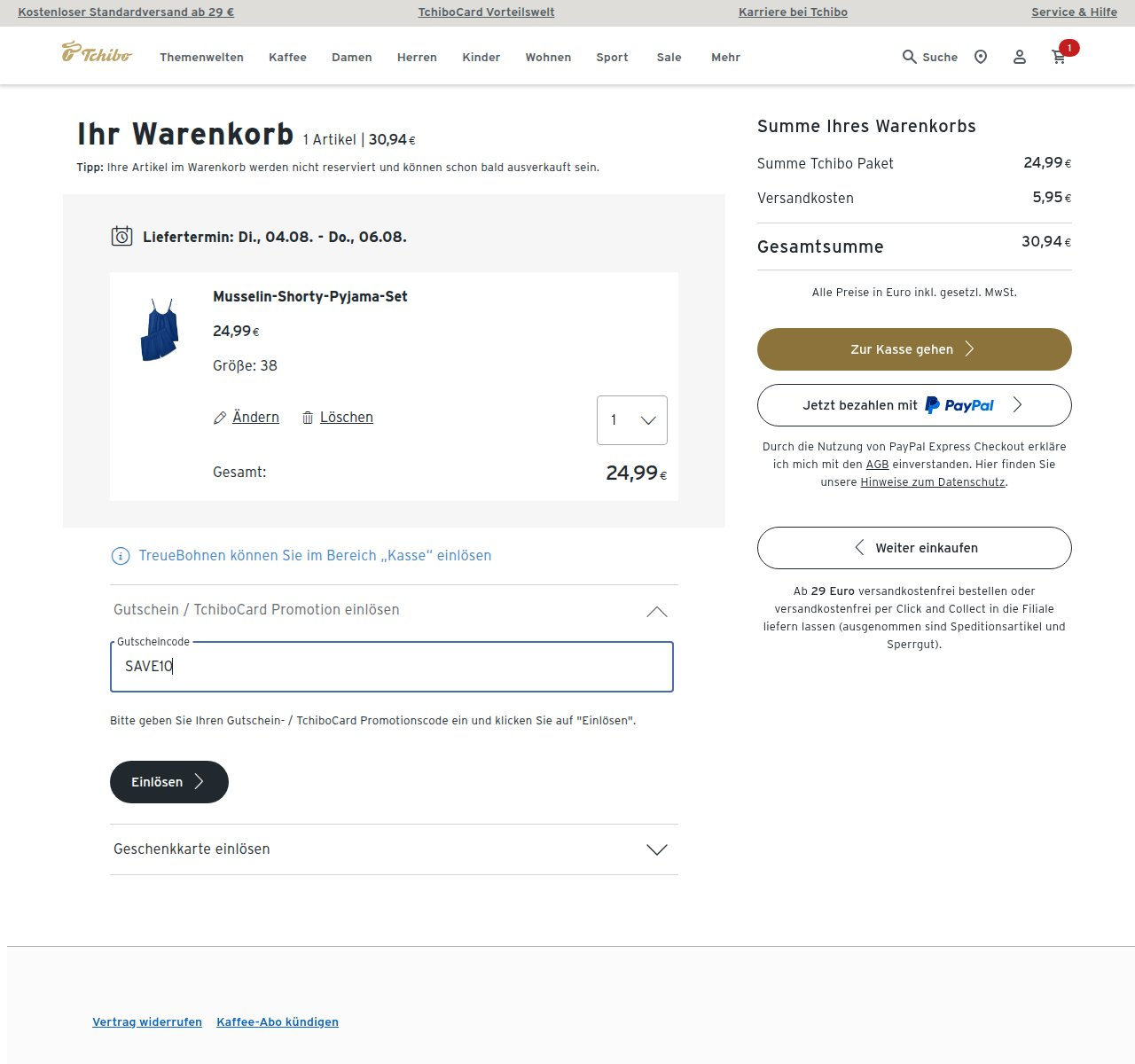 Wo man den Rabattcode auf der Tchibo-Website eingibt