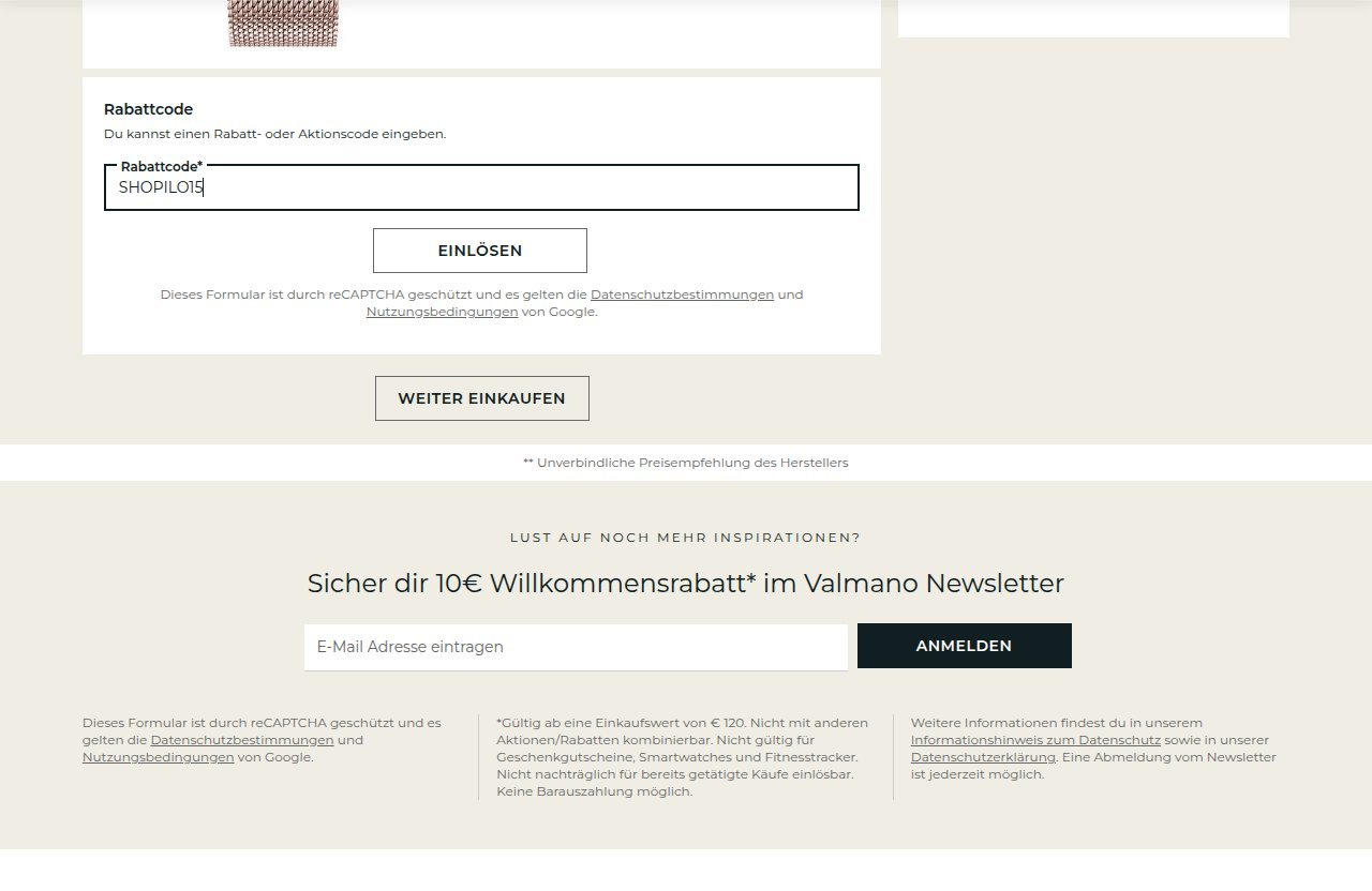 Wo man den Rabattcode auf der Valmano-Website eingibt