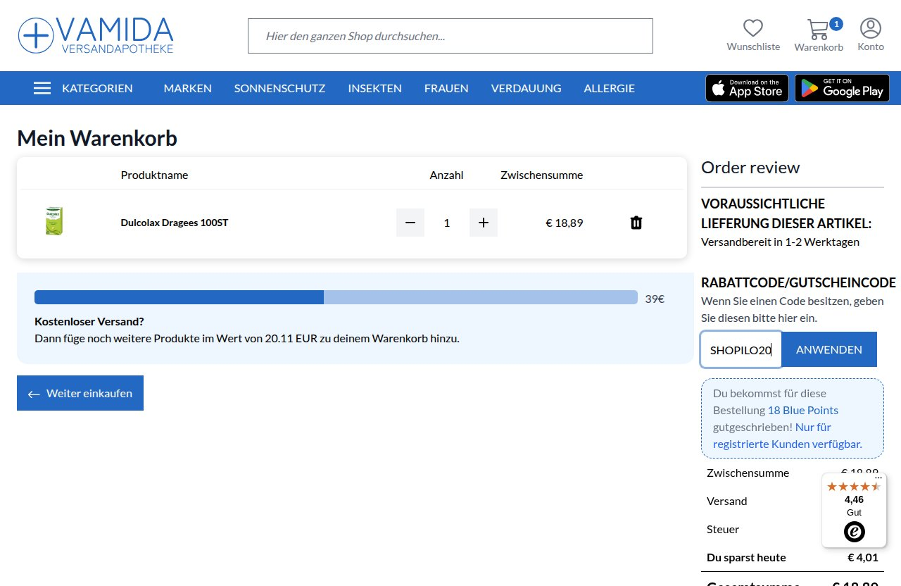 Wo man den Rabattcode auf der Vamida-Website eingibt