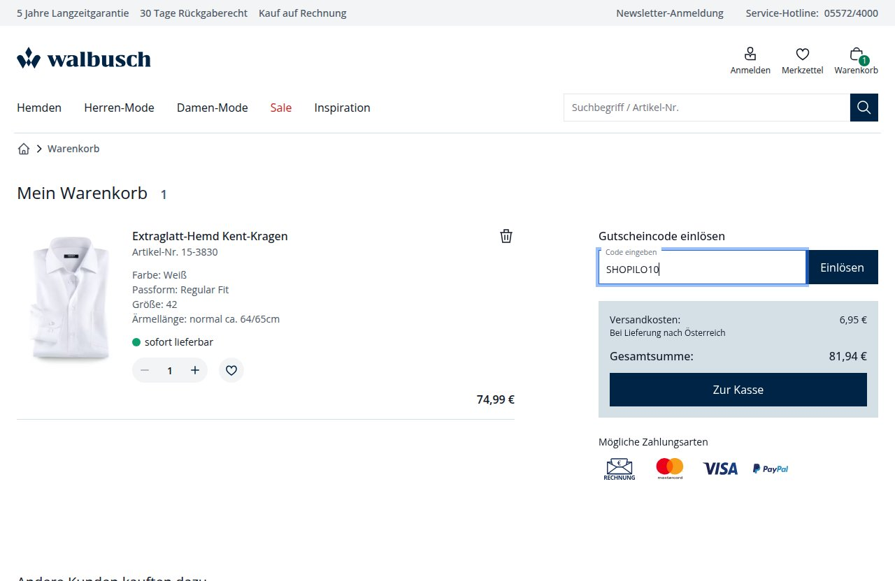 Wo man den Rabattcode auf der Walbusch-Website eingibt